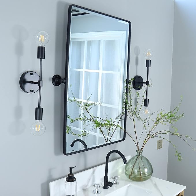TEHOME Matt Black Pivot Rectangle Bathroom Vanity Mirrror Farmhouse Tiltable Rounded Metal Framed Pivoting Bathroom Mirror with Beveled Mirrror, Overall 27 x 35 inches (Mirrror 23 x 35 inches)