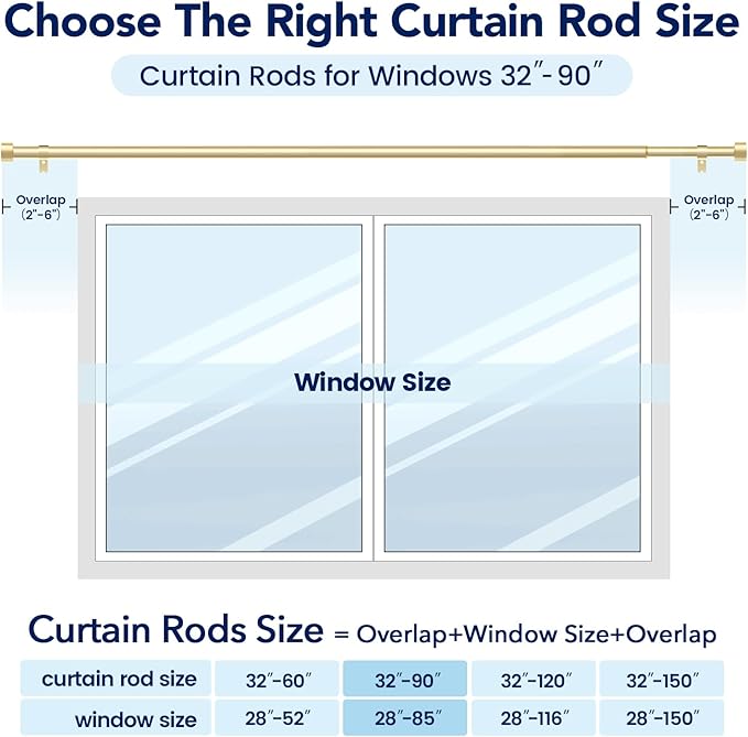 2 Pack Curtain Rods for Windows 48 to 84 Inch(4-7ft), 1 Inch Gold Adjustable Heavy Duty Curtain Rod Set, Modern Style Outdoor Drapery Rods for Patio Bedroom, Size 32"- 90"