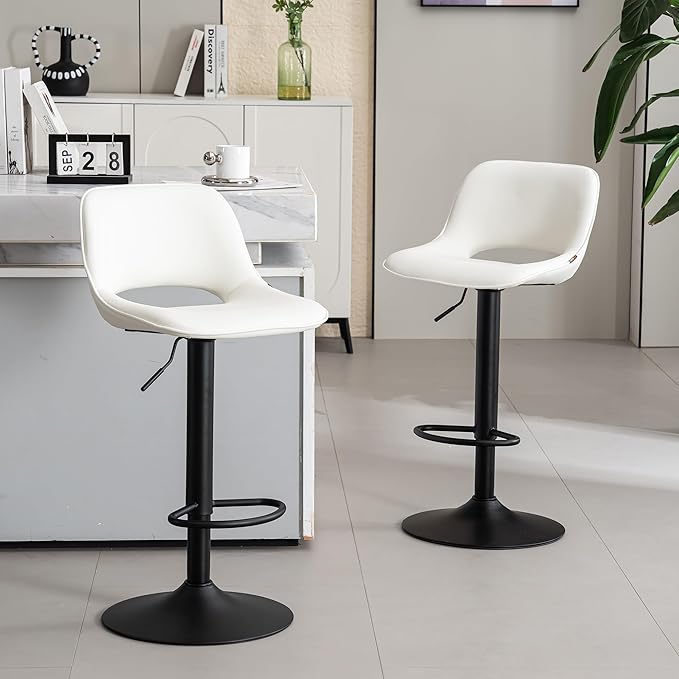 YOUNIKE Bar Stools Set of 2, Adjustable Counter Height Barstools Faux Leather Upholstered Counter Stools with Hollow Back for Kitchen Island, Warm White