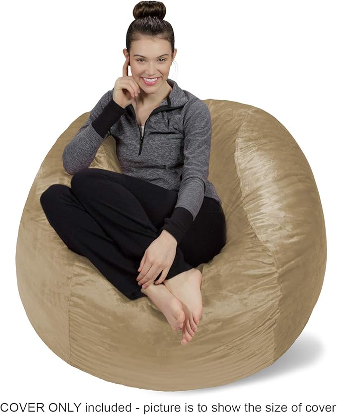 Sofa Sack Bean Bag Chair Cover Only, for Adults and Kids, Without Filling Comfy Fluffy Round or Oval Beanbag Chair Cover Replacement, Lazy Sofa Cover for Reading Chair or Floor Chair, 4-Feet, Camel
