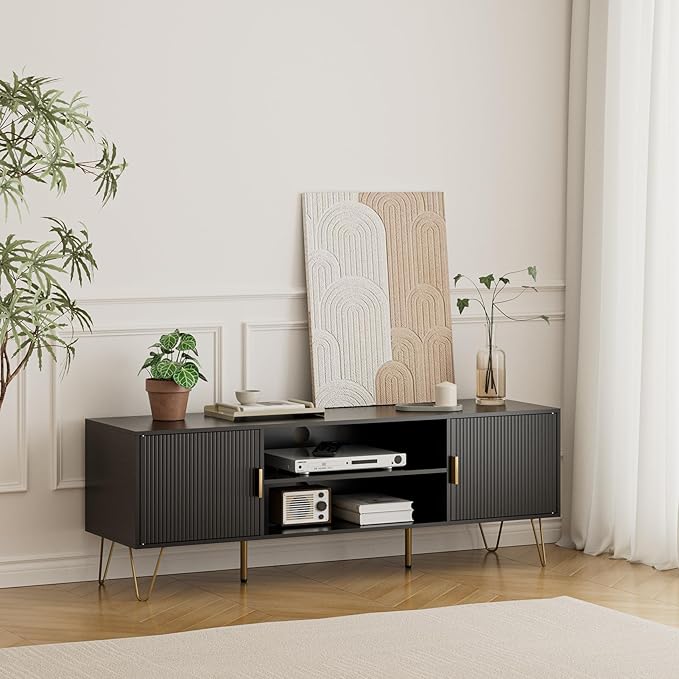 TV Stand for 55-65 inch TV, Entertainment Center with Soft Hinge Door,TV Console Table with 2 Cabinets with Gold Handle and Feet,for Living Room, Bedroom, Black