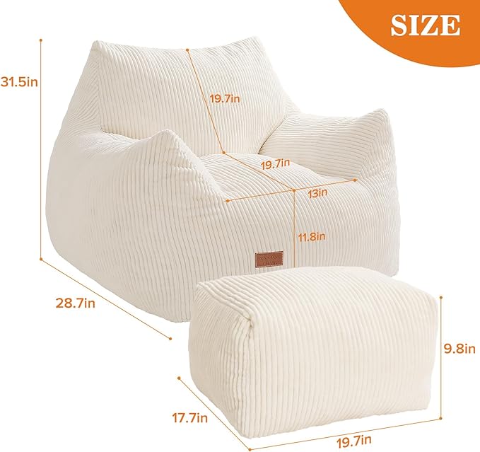 Big Bean Bag Chair for Adults & Kids, Ultra Soft Living Room Bean Bag with Armrests & Ottoman, Stuffed BeanBag Floor Sofa for Napping, Gaming, Lounging, Beige