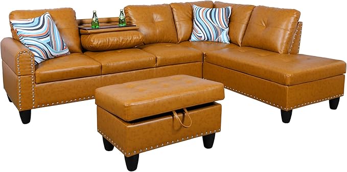 97.5" Oversized Sectional Couch, L Shaped Couch with Storage Ottoman, Modern Modular Sofa with Deep Seat, Sectional Couches for Living Room and Office, Ginger (PU Leather)