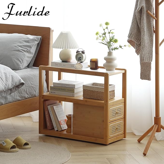 Rattan Nightstand Side Table with Storage, Bamboo Nightstand Bedside Table, Glass Mid Century Modern End Tables for Small Spaces, Living Room, Bedroom，Wood