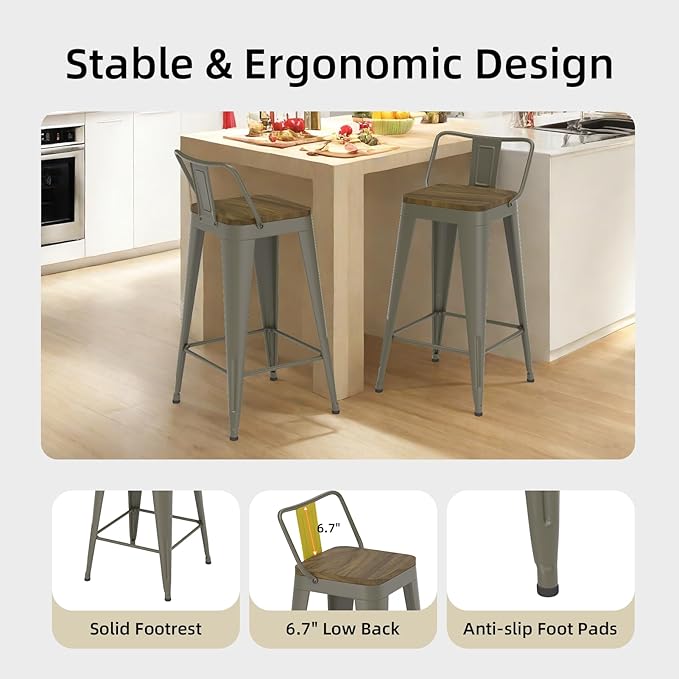 Rusty Bar Stools Set of 4, Metal Bar Stools with Wooden Seat, Modern 26”Counter Height Barstools with Low Back
