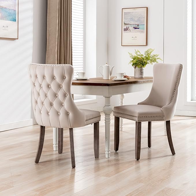 PacknWood Acosure Set of 2 Velvet Upholstered Wing-Back Dining Chair with Backstitching Nailhead Trim,Exquisite Furniture Stool W/Wood Legs,for Kitchen,Sitting Room,Beige