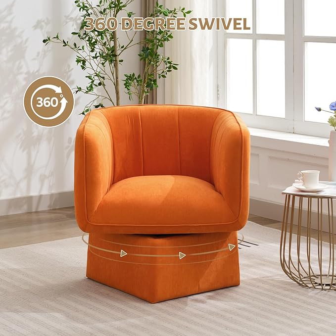 Swivel Accent Chair with Armrest, Modern Velvet Barrel Chair 360 Degree with Curve Back and Soft Cushion,Comfy Round Armchair Reading Chair Single Sofa for LivingRoom,Bedroom,Waiting Room,Orange