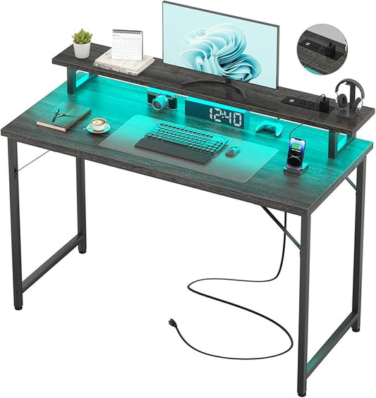 Computer Desk with USB Power Outlets and LED Lights, 47 inch Gaming Desk with Monitor Stand for Small Space Home Office, Modern Simple Study Writing Table PC Desks, Black Oak