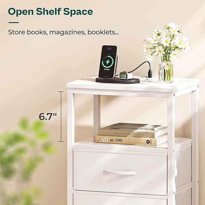 Huuger White Dresser with 5 Drawers & Charging Station, Tall Dresser for Bedroom, Tall Night Stand with PU Leather Finish, Open Shelf, Nightstand for Bedroom, Closet, Hallway, Entryway