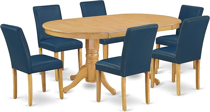 East West Furniture VAAB7-OAK-55 7 Piece Dinette Set Consist of an Oval Dining Room Table with Butterfly Leaf and 6 Oasis Blue Faux Leather Upholstered Chairs, 40x76 Inch, Oak