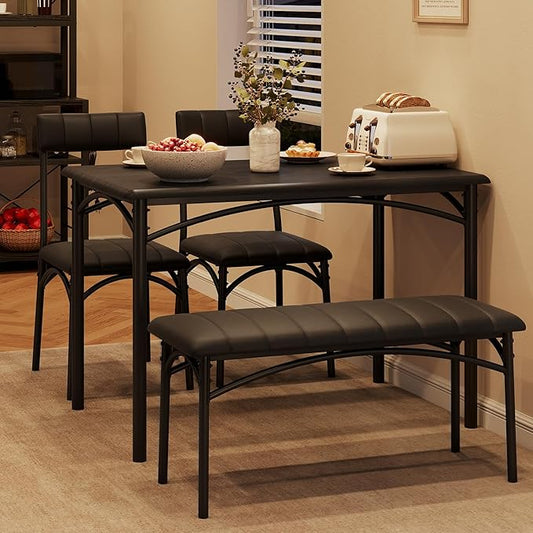 GAOMON Dining Table Set for 4 with Upholstered Bench and 2 Chairs, Rectangular Dining Room Table Set for 4 for Small Space, Apartment, Dinner, Rustic Black