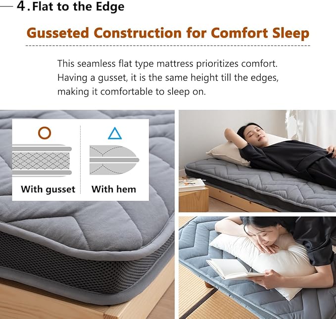 EMOOR Japanese Wool-Blend Padded Futon Mattress GOMA Queen Dark Gray, Gusset Foldable Sotrable Elastic Bands Floor Sleeping Guest Bed Tatami Mat