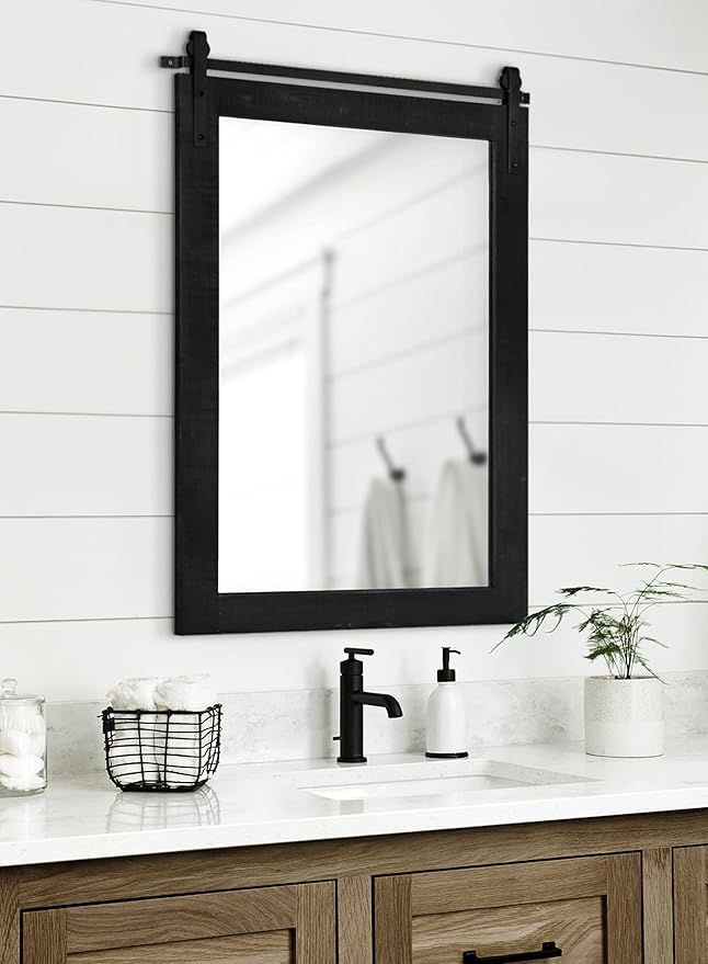 Kate and Laurel Cates Rustic Wall Mirror; 24 x 38; Black; Distressed Farmhouse Wall Decor with Rolling Barn Door Design