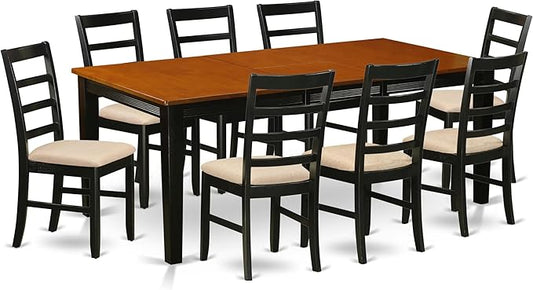 East West Furniture QUPF9-BCH-C 9 Piece Dining Table Set Includes a Rectangle Dinner Table with Butterfly Leaf and 8 Linen Fabric Dining Room Chairs, 40x78 Inch, Black & Cherry