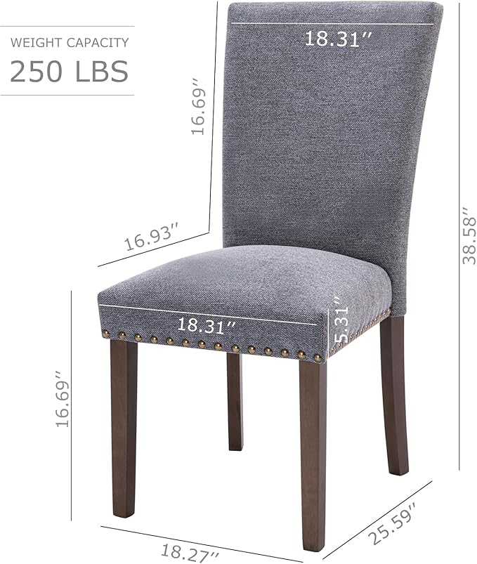 COLAMY Upholstered Parsons Dining Chairs Set of 2, Fabric Dining Room Kitchen Side Chair with Nailhead Trim and Wood Legs - Dark Grey