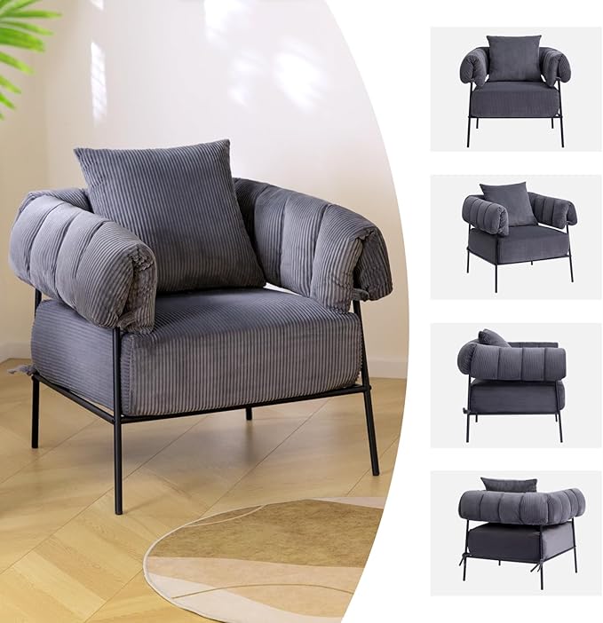 HollyHOME Modern Velvet Accent Chair, Upholstered Comfy Reading Chair, Fabric Large Lazy Arm Chair with Soft Cushion, Metal Frame Lounge Sofa Chair for Living Room, Bedroom, Balcony,Dark Grey