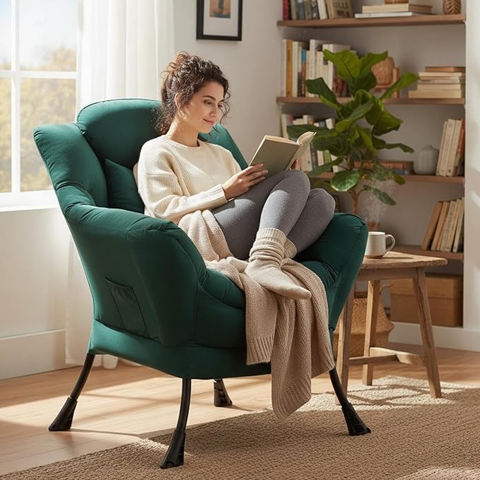 Lazy Chair, Reading Armchair, Large Modern Lounge Accent Chair, Leisure Sofa Chair for Living Room, Bedroom, Dorm Room (Dark Green)