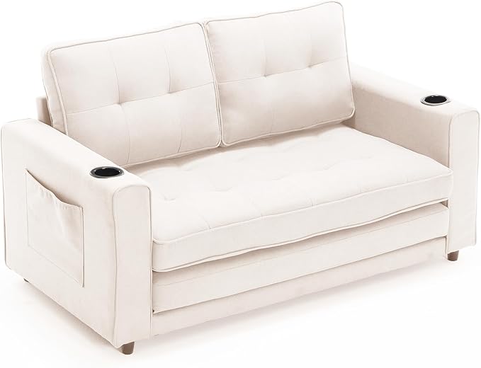 ERYE Modern Upholstered Loveseat Sofa Foldable Convertible Floor Sofabed W/Cupholders and Pockets, 3 Fold Tufted Futon Lounge Sofa with Pull Out Sleeper Couch Bed for Living Room Bedroom Studio