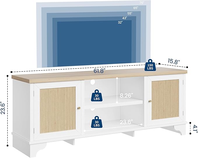 GarveeHome Rattan TV Stand for 70 Inch TV, Boho Entertainment Center with Cabinets & Open Shelves, Wooden Media Console Table for Living Room, White