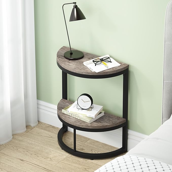 Tribesigns 2-Tier End Table Semi Circle, Small Half Round Side Table with Storage Shelf, Wood Accent Table Slim C Table for Sofa Couch, Living Room, Bedroom, Easy Assembly, Rustic Grey & Black