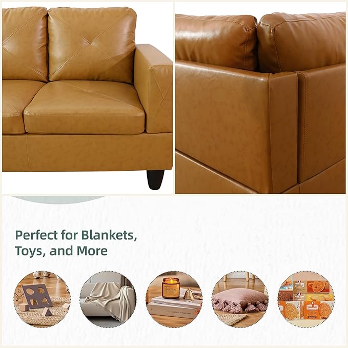 Leather Sectional Couch, Modern L Shaped Couches for Living Room, Comfy 4 Seat Modular Sectional Sofa with Ottoman Storage for Bedroom Apartment, Orange