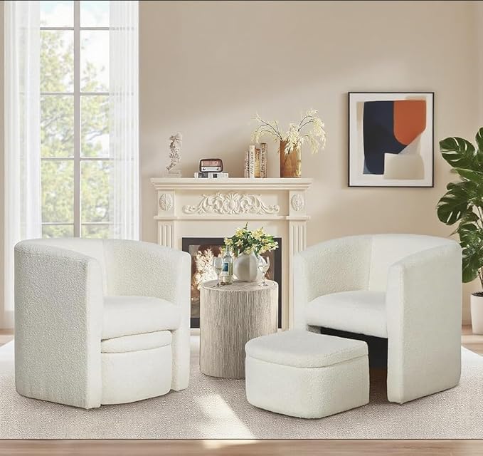 COLAMY Morden Velvet Barrel Accent Chair with Storage Ottoman Set of 2, Upholstered Living Room Side Chair, Single Sofa Armchair with Lounge Seat for Bedroom/Office/Reading Spaces, Cream