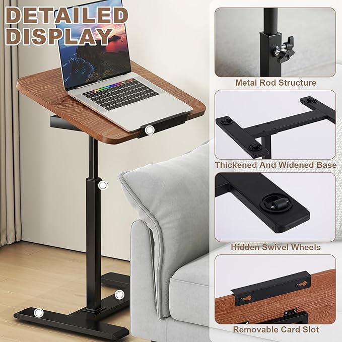 Solid Wood C-Shaped Side Table,360° Rotating TV Tray Table,Height-Adjustable,Sliding Sofa Table,Rolling Laptop Desk for Living Room and Bedroom Use with Sofa,Bed,Chair-Light Brown