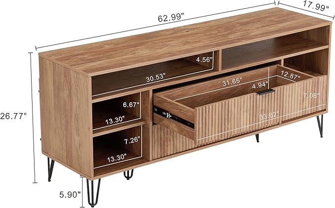 Manhattan Comfort Dumbo Mid Century Modern TV Stand for Televisions up to 60 Inches, Home Entertainment Center with Storage, 6 Shelves, 2 Drawers, No Tool Assembly, 63" Wide, Golden Brown