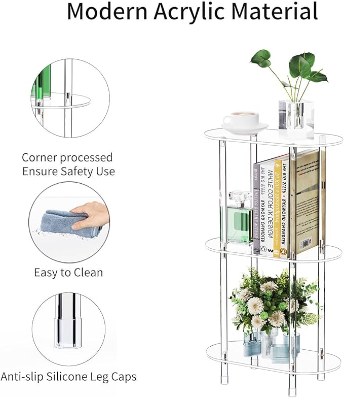 Clear Acrylic Narrow Side Table for Small Spaces, 15.75" L x 7.87" W x 26.7" H, 3 Tier Oval Slim End Table Nightstand, Small Minimalist Skinny Bedside Table for Bedroom, Bathroom, Living Room
