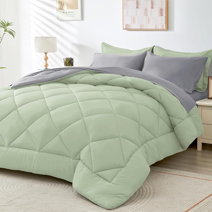 HEVUMYI Twin Comforter Set - 5-Piece All Season Bed in a Bag Twin, Ultra Soft Bedding Set with Comforter, Flat Sheet, Fitted Sheet, Pillowcases, Pillow Shams, Sage Green & Light Grey