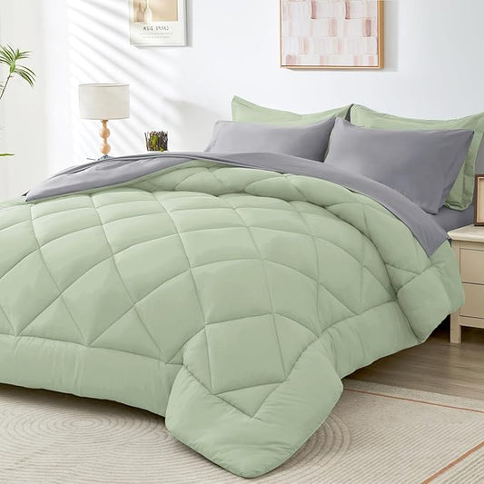 HEVUMYI Twin Comforter Set - 5-Piece All Season Bed in a Bag Twin, Ultra Soft Bedding Set with Comforter, Flat Sheet, Fitted Sheet, Pillowcases, Pillow Shams, Sage Green & Light Grey
