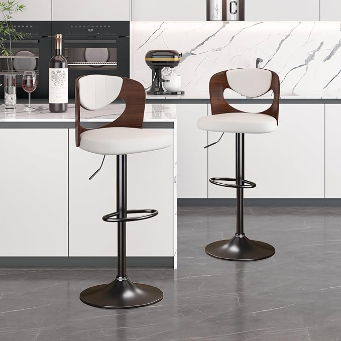 VECELO Bar Stools Set of 2,Kitchen Island Stools with Bentwood Back,Arm&Footrest,Counter Height Stools PU Leather Adjustable Height,Swivel Bar Chairs for Club Pub Dining Room, Ivory White