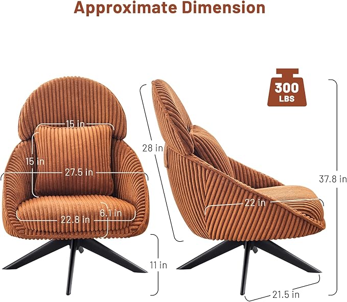 Furniliving Large Swivel Accent Chair Modern Arm Chair Sofa Chair with Pillow Living Room Chair Bedroom Chair with Headrest Comfy Desk Chair Upholstered Chairs for Rest Room, Corduroy, Orange