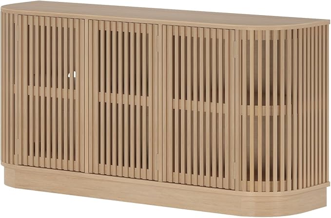 Plank+Beam Contour Wood TV Stand, Three Door Solid Wood Entertainment Console with Storage, 59" L x 16" W x 30" H, Blonde