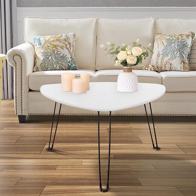 Coffee Table for Small Spaces White Folding Wooden Triangle Center Sofa Tables Simple Design Droplet Coffee Table with Steel Legs Modern Accent Furniture for Living Room Home Office