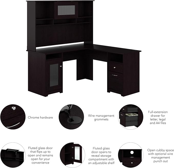 Bush Furniture Cabot L Shaped Computer Hutch, Corner Desk with Storage for Home Office, 60W, Espresso Oak