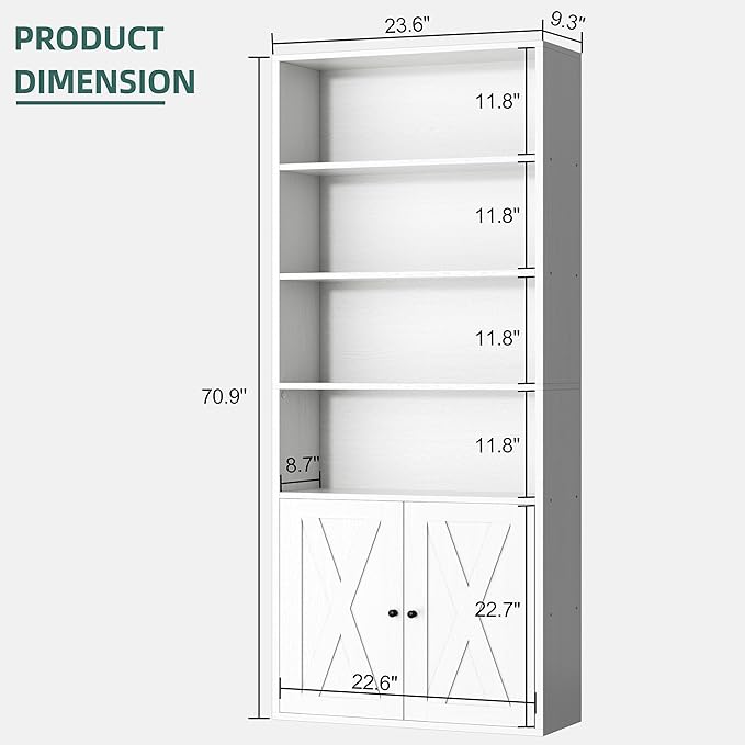 Shintenchi Bookshelf, Industrial Bookshelves and Bookcases with Doors Floor Standing 6 Shelf Display Storage Shelves 70.6 inches Tall Bookcase for Home Office, Living Room (White)