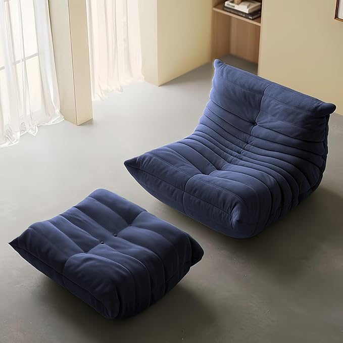 Bean Bag Chair - Memory Foam Bean Bag Chair for Adults, Comfy High-Resilience Single Sofa, Small Space Floor Chair, Chaise Lounge for Living Room, Bedroom (Dark Blue, Wrinkles+Ottoman)