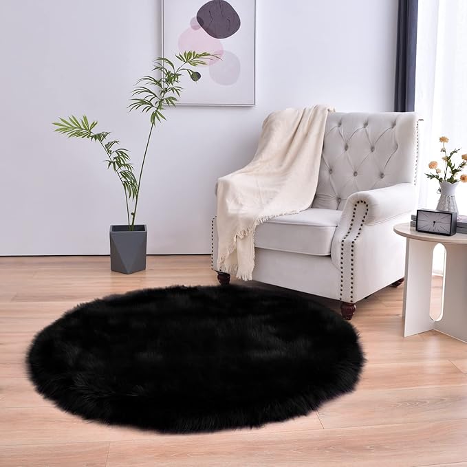 duduta Black Faux Sheepskin Round Rug 4x4 ft, Fluffy Shag Fur Bedroom Nursery Kids Playroom Rug Dorm Decor Non Slip Washable