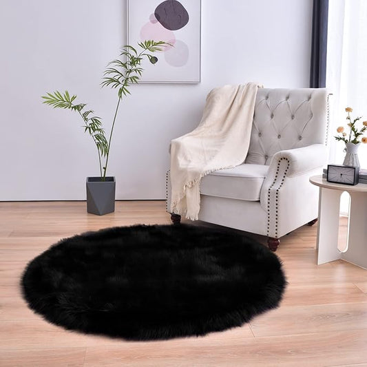 duduta Black Faux Sheepskin Round Rug 4x4 ft, Fluffy Shag Fur Bedroom Nursery Kids Playroom Rug Dorm Decor Non Slip Washable