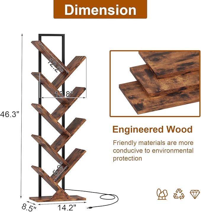 Tree Book Shelf with LED Lights, 9 Tier Floor Standing Bookcase, Classical Corner Shelf Kids Bookshelf, Tall Wood Book Storage for Bedroom, Living Room, Home Office, Brown