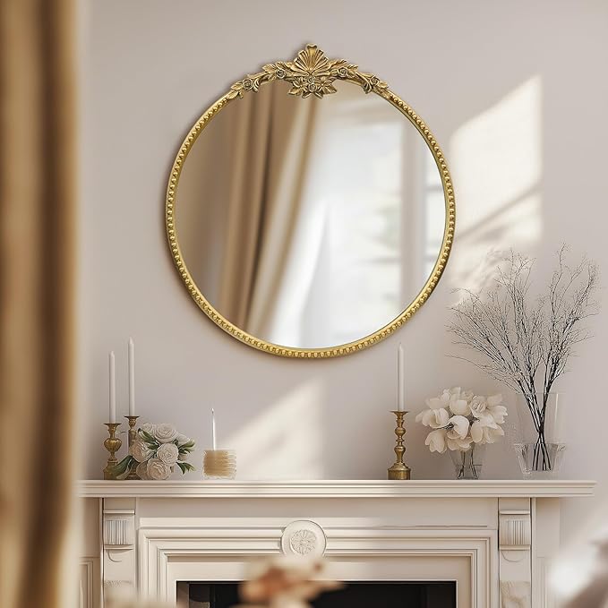 Round Gold Mirror,24inch Baroque Style Vintage Decorative Circle Wall Mirror for Living Room, Bedroom, Bathroom, and Entryway,Antique Gold
