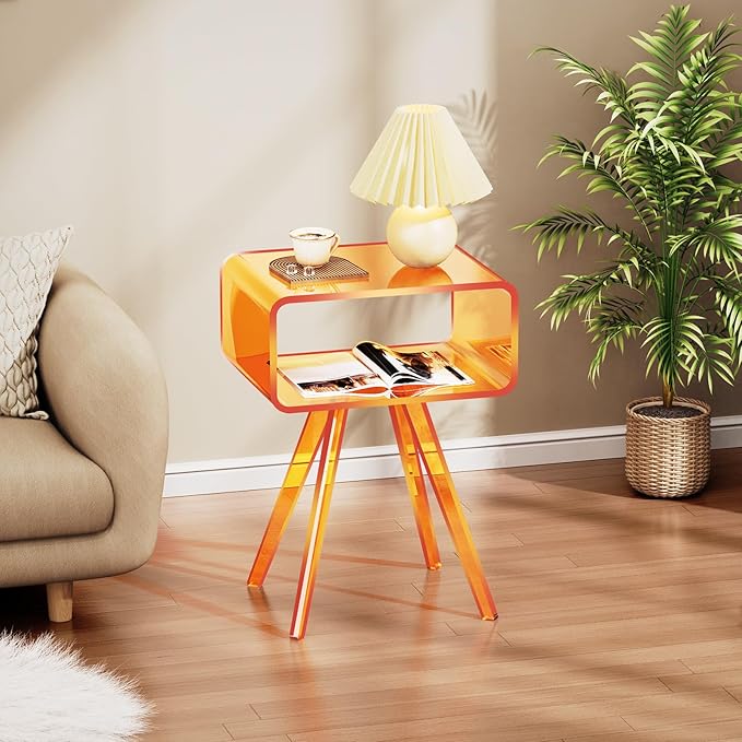Acrylic Side Table, Acrylic Nightstand Bedside Table for Bedroom (Orange, 16.5'' x 11.8'' x 21.6'')