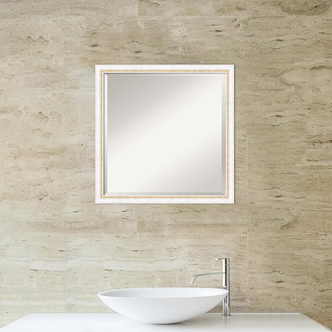Amanti Art White Bathroom Mirror for Over Sink, 22x22 Morgan White Gold Square Vanity Mirror, Medium Modern Contemporary Wood Frame, Hangs Horizonally and Vertically, Bathroom Wall Decor, Beveled Edge