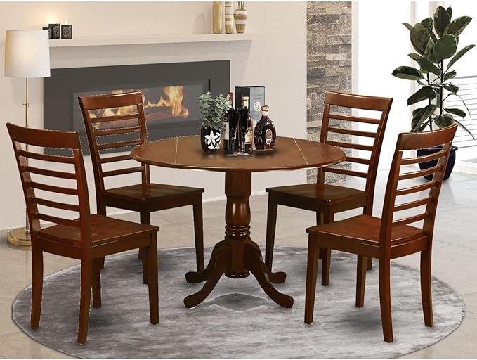 East West Furniture DLML5-MAH-W 5 Piece Modern Dining Table Set Includes a Round Wooden Table with Dropleaf and 4 Kitchen Dining Chairs, 42x42 Inch, Mahogany