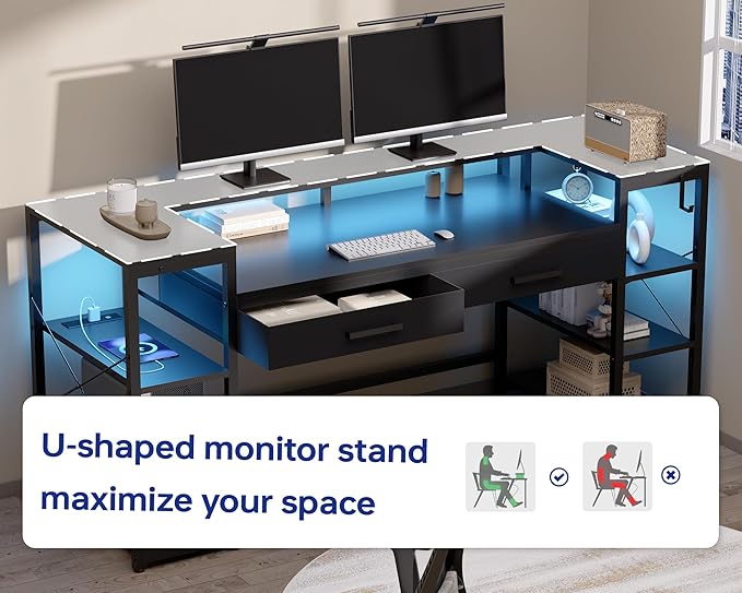 Pamray 58 Inch Computer Desk with Monitor Stand and Shelves Gaming Desk with LED Lights & Power Outlets PC Vanity Table with 2 Drawers for Home Office Black