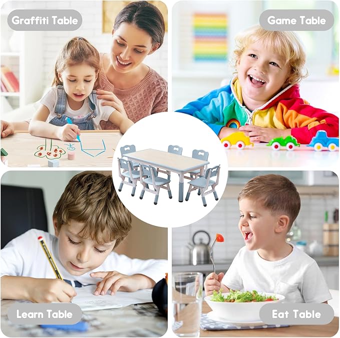 Kids Table and Chairs Set, Height Adjustable Desk With 6 Seats for Ages 3-12,Arts & Crafts Table,Graffiti Desktop, Non-Slip Legs, Max 300lbs, Children Multi-Activity Table for Classrooms,Daycares,Home