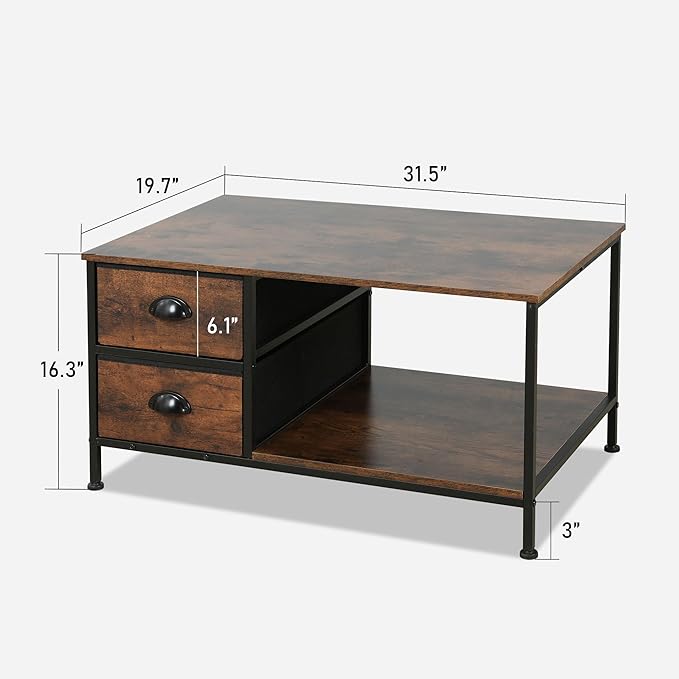 SENIG Coffee Table with Drawers, Coffee Table for Living Room, 2-Tier Coffee Tables with Storage Drawers，Brown Coffee Tables for Small Spaces, Rectangle Wood Ttable, Metal Side End Table