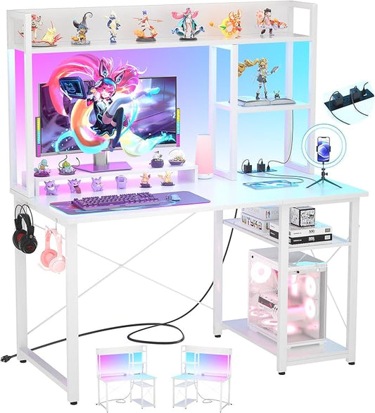 Cyclysio Gaming Desk with Hutch, 39'' Computer Desk with LED Lights & Power Outlets, Home Office Desk with Reversible 5 Tiers Storage Shelves & Monitor Stand, Small Gaming Table for Small Space, White