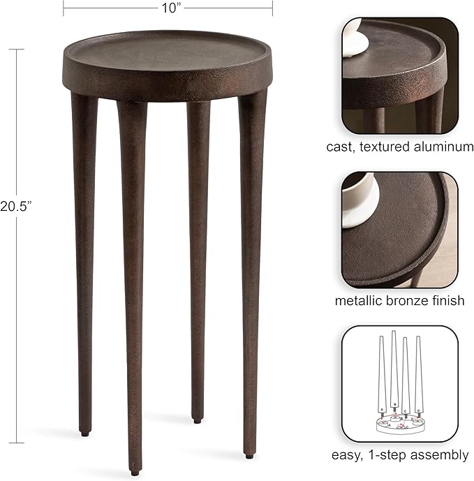 Kate and Laurel Rava Modern Metal Round Drink Table, 10 x 10 x 21, Bronze, Cast Aluminum Accent Table for Use as Indoor Plant Stand or Living Room Decor Piece